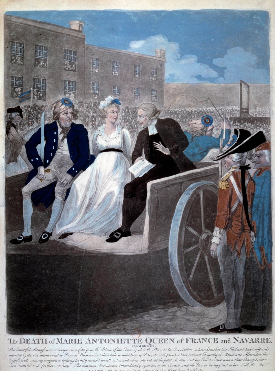 Révolution française : la reine de France Marie Antoinette (1755-1793) est emmenée à la guillotine. Gravure de 1793. Paris, Bibliothèque de l