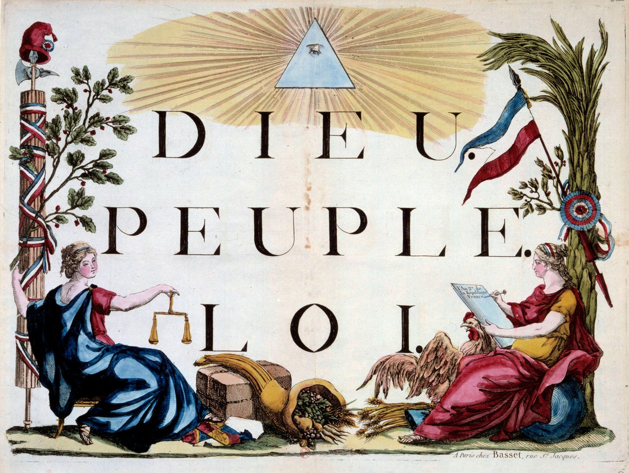 Révolution française : le triangle divin illuminant Dieu, le Peuple et la Loi, les allégories de la France, la Justice, l