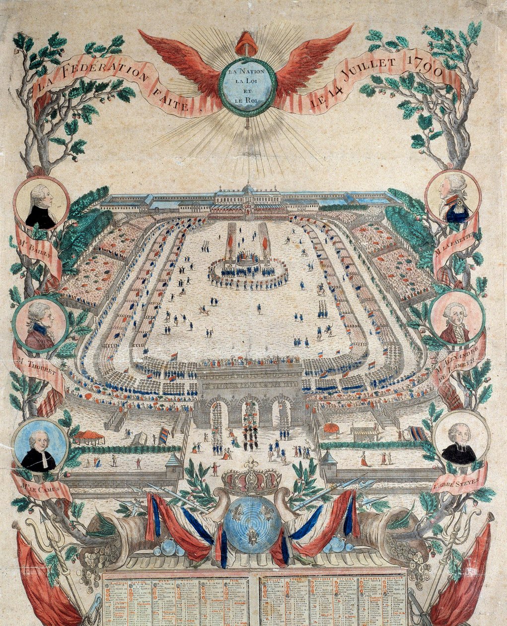 Révolution française : vue de la fête de la fédération nationale le 14/07/1790 au Champ de Mars. Gravure de 1790. Paris, Archives Nationales - French School