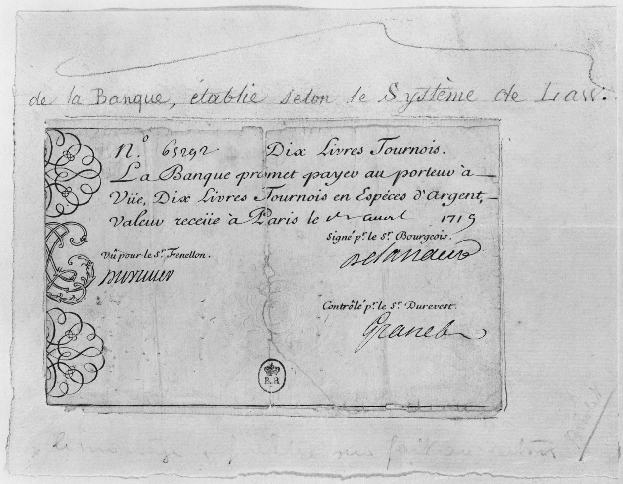Billet de banque français de dix livres de la Banque Law, daté du 1er avril 1719 - French School