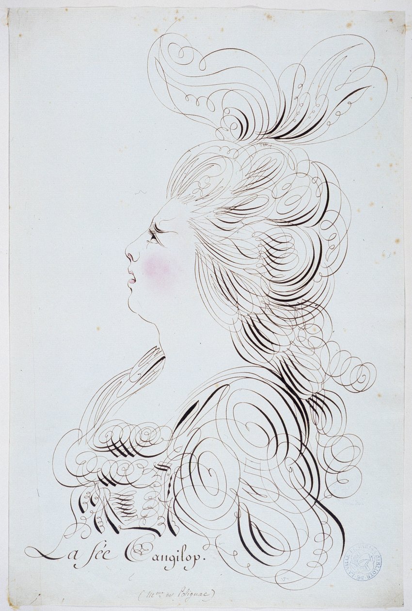 Calligraphie française : Portrait de la princesse de Polignac de face rehaussé à l