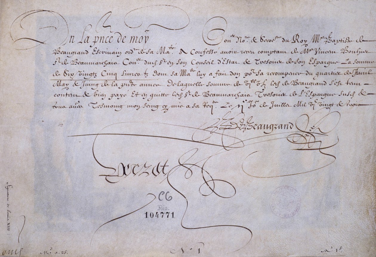 Calligraphie française : Reçu en faveur de Bernard de Beaugrand délivré le 2 juillet 1623. Bibliothèque Historique de la Ville de Paris - French School