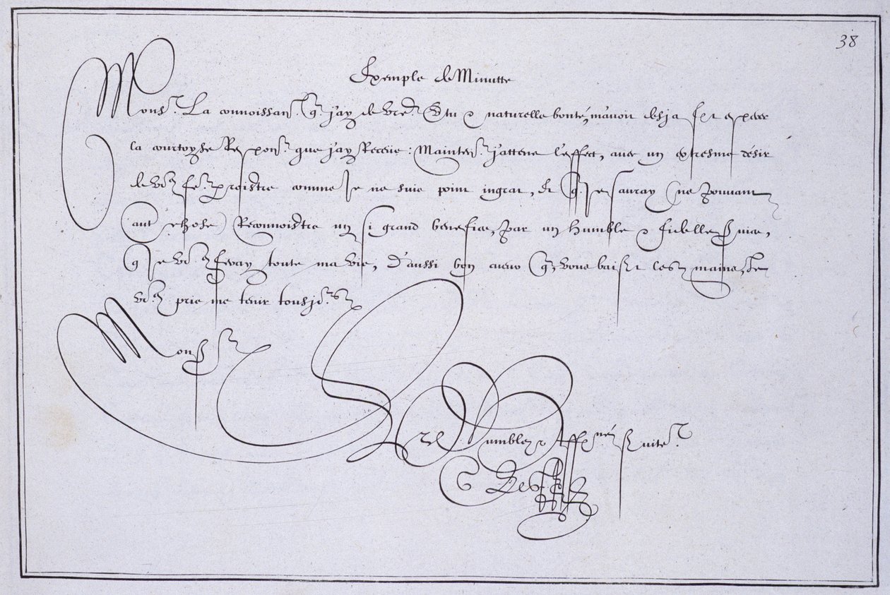 Calligraphie française : Technographie, « exemple de minute » par Guillaume Le Gangneur vers 1599. Bibliothèque historique de la ville de Paris. - French School