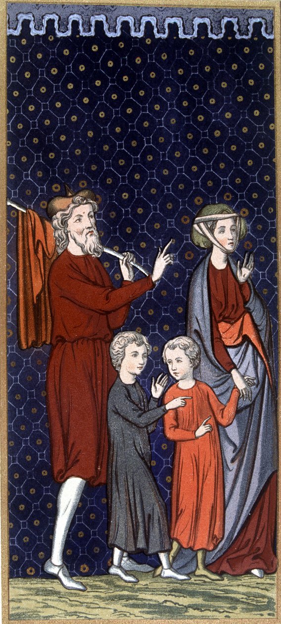 Famille française au 14e siècle - dans «Arts somptuaires du costume et du mobilier», éd. Mangard-Maugé - French School