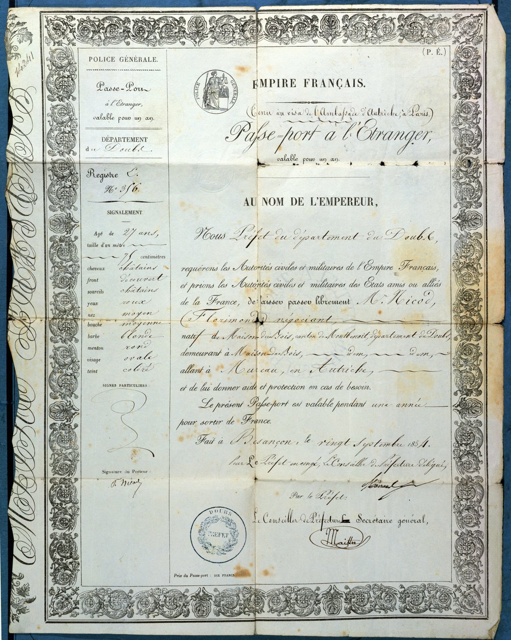 Passeport français, de Besançon, 20 septembre 1854 - French School