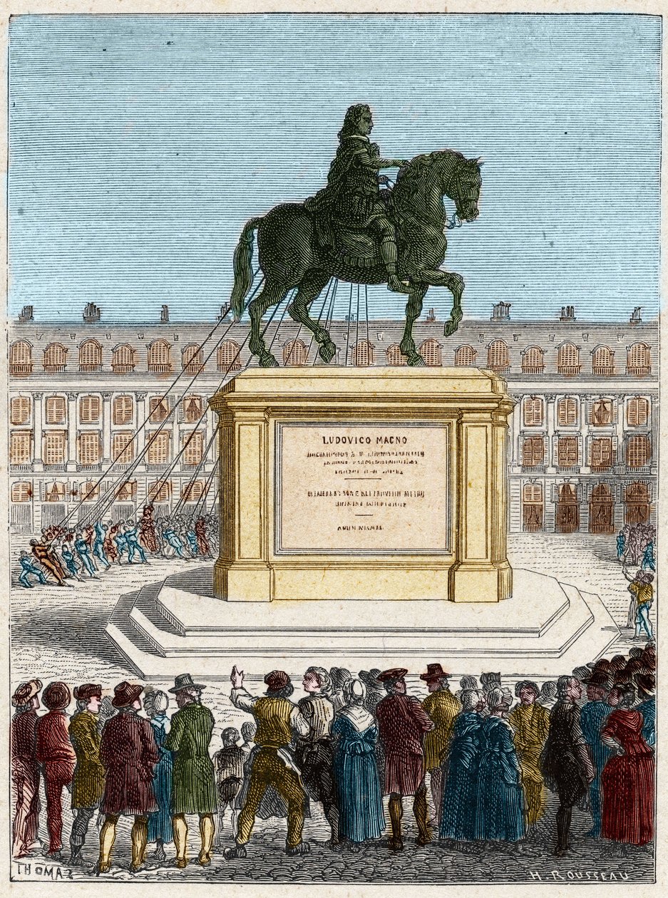 Révolution française : renversement de la statue du roi Louis XIV (1643-1715), place Vendôme à Paris - French School