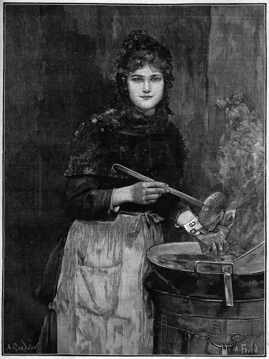 Marchand de pommes de terre frites ; gravure de 1888 d