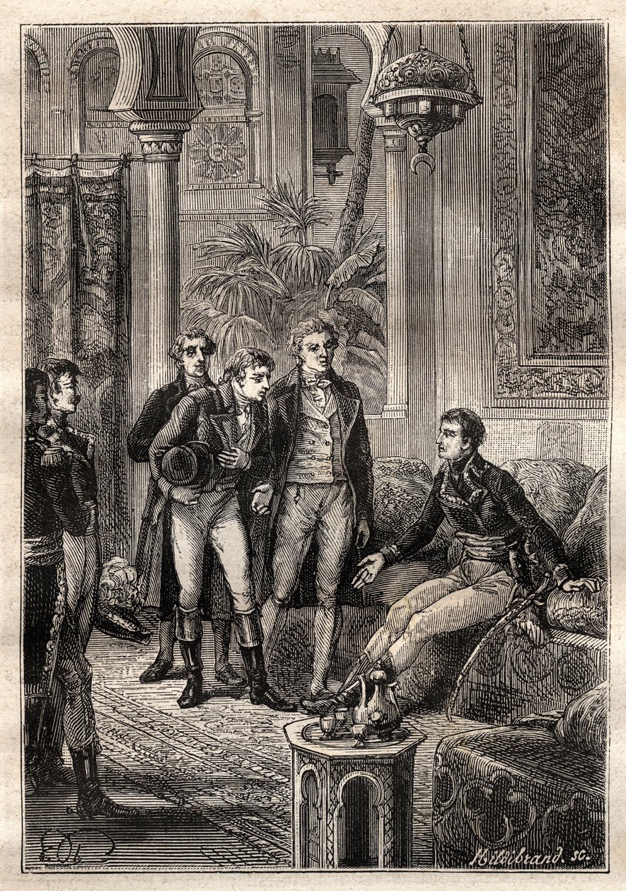 Friedrich Konrad Hornemann (1772-1801) rencontre Napoléon Bonaparte au Caire en 1797 en présence de Gaspard Monge (1746-1818) et Claude Louis Berthollet (1748-1822) - illustration tirée de « Les grands marins du XVIIIe siècle » - French School