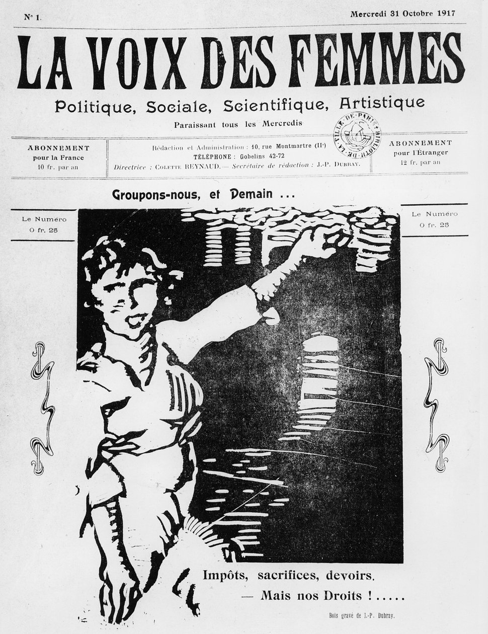 Couverture de La Voix des Femmes, publiée à Paris, octobre 1917 (papier imprimé et gravure sur bois) - French School
