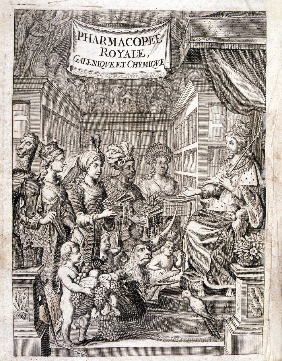 Frontispice de « Pharmacopée royale, galénique et chimique » par Morse Charas, Pharmacie au Jardin Royal des Plantes chez Laurent d