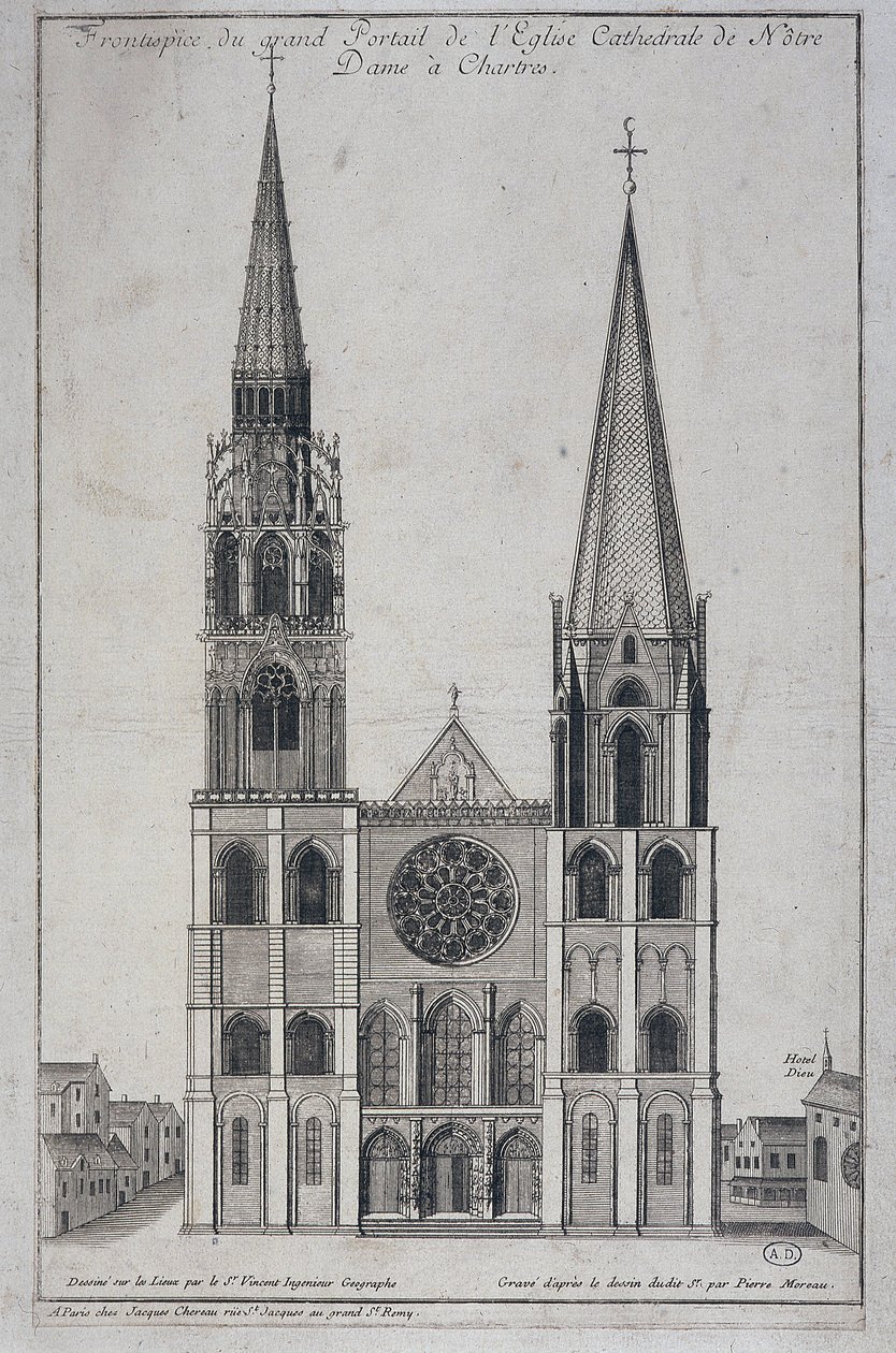 Frontispice du grand portail de la Cathédrale Notre-Dame de Chartres, dessiné sur place par Saint Vincent Géographe Ingénieur, sd. 19e siècle - French School