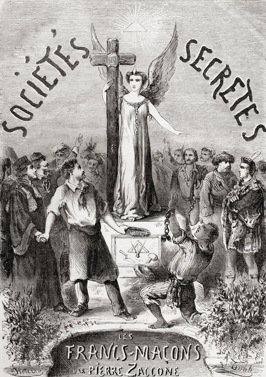 Frontispice de Sociétés Secrètes, les Francs Maçons, publié vers 1867 - French School