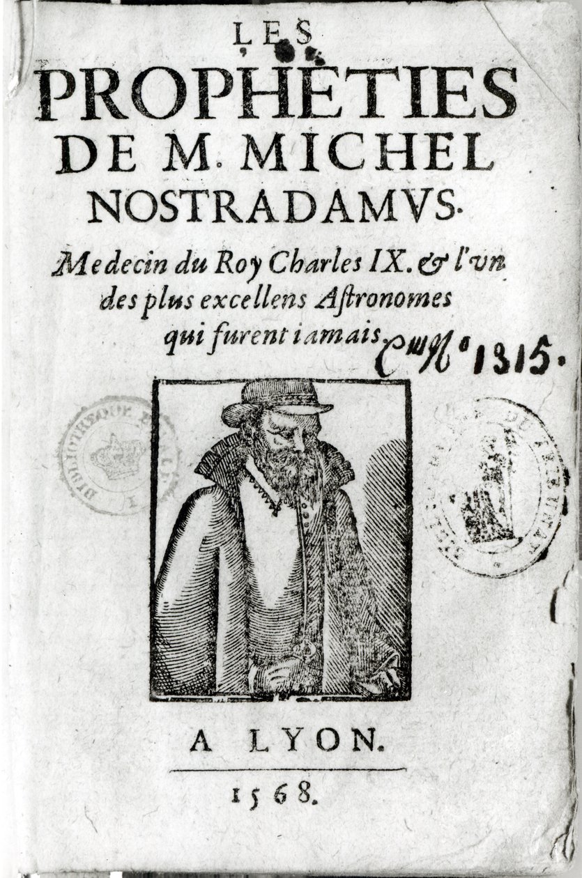 Frontispice de Les Prophéties de M. Michel de Nostradamus (1503-66), avec un portrait de Nostradamus, publié à Lyon 1568 - French School