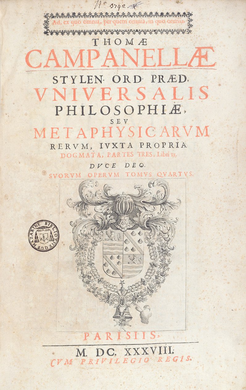 Frontispice de Universalis Philosophiae par Tommaso Campanella, publié à Paris en 1638 - French School