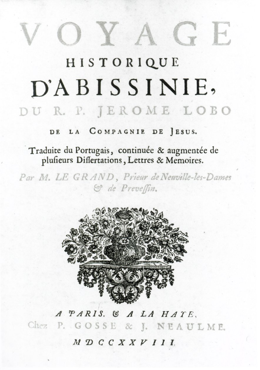 Frontispice de la traduction française de Voyage to Abyssinia par Jeronimo Lobo (c.1596-1678) publié en 1728 - French School