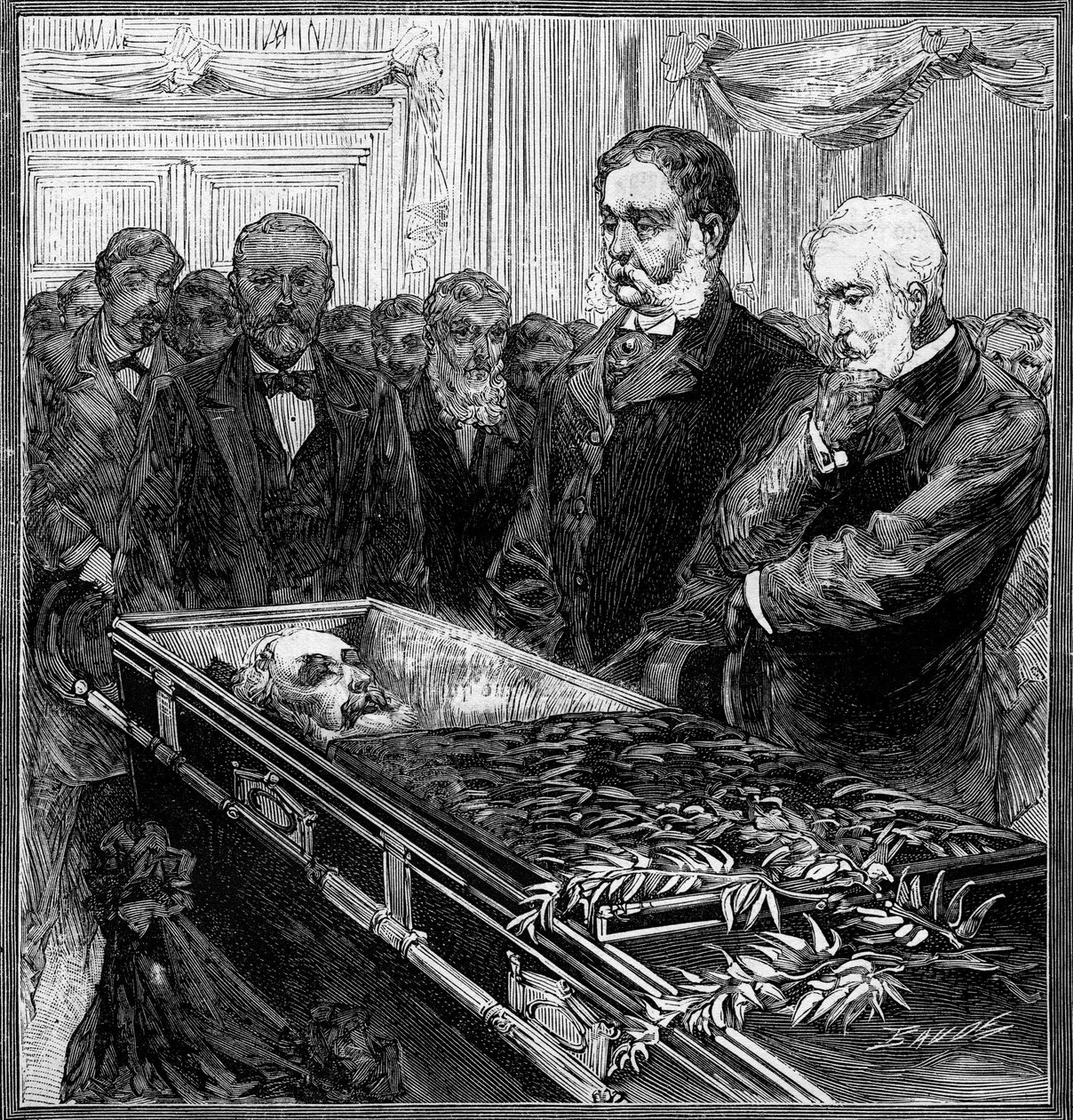 Funérailles de James Abram Garfield (1831-1881), président des États-Unis : son remplaçant, Chester Alan Arthur (1830-1886) et le secrétaire Blain devant le cercueil sous le dôme du Capitole de Washington. Gravure dans « Le Monde Illustré » n°1282 de - French School