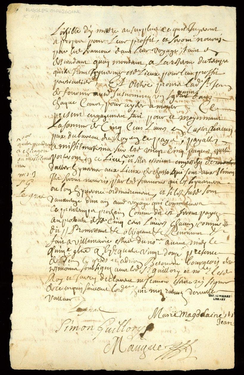 Contrat de commerce de fourrures entre François Francoeur et quatre voyageurs pour le transport de marchandises et l