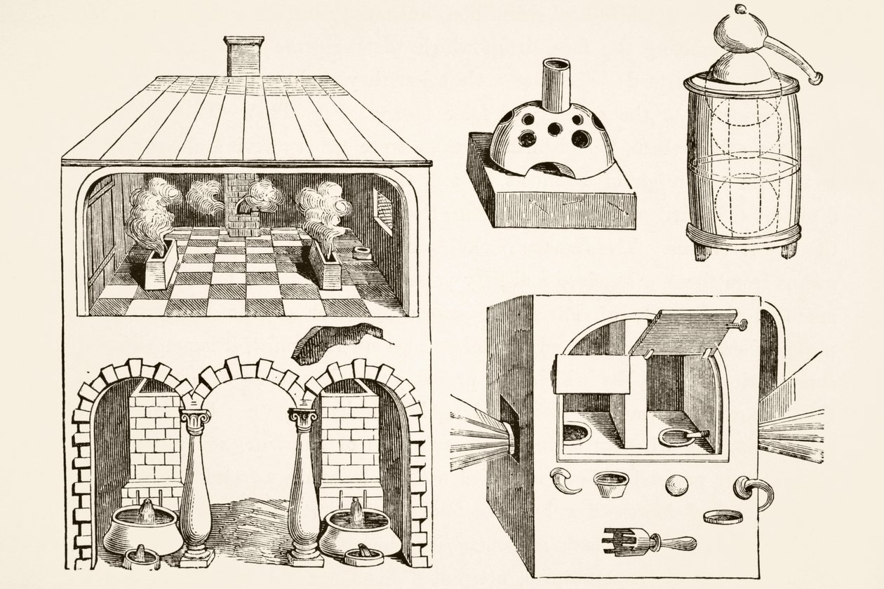 Fours et divers appareils utilisés par les chimistes et alchimistes au Moyen Âge, d