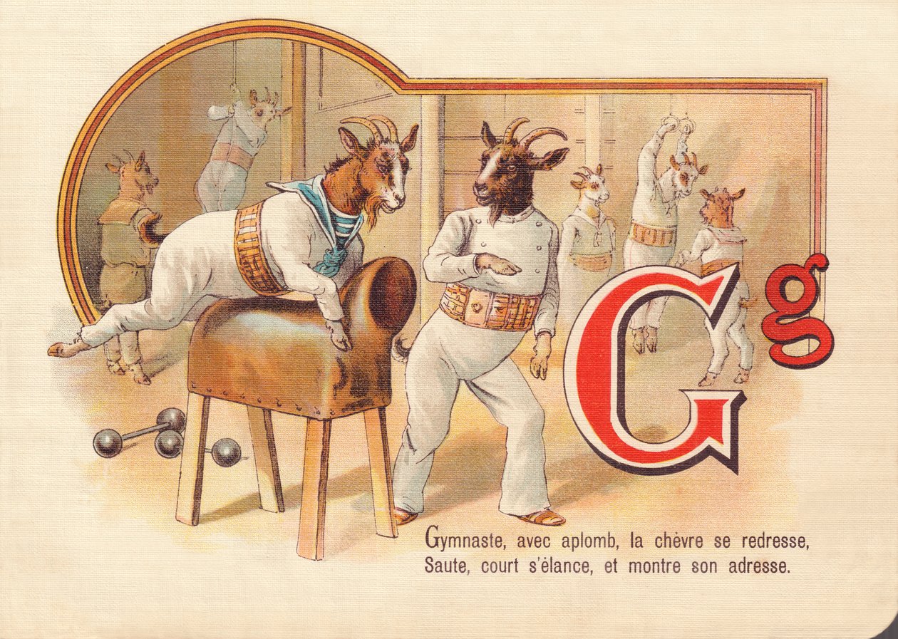 G: Gymnaste, avec aplomb, la chèvre se redresse, saute, court et montre son habileté - French School