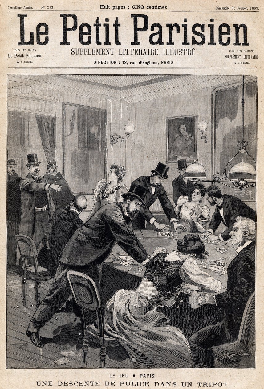 Maison de jeu à Paris : Descente de police dans un club de jeu (casino). Dans « Le Petit Parisien » le 26/02/1893 (gravure) - French School