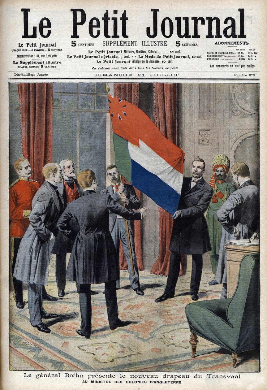 Le général Pieter Willem Botha (un Boer) présente le nouveau drapeau du Transvaal (Afrique du Sud) au ministre colonial anglais Lord Elgin - Dans « Le Petit Journal » du 21 juillet - French School