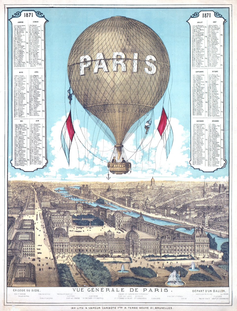 Vue générale de Paris et liste des lieux de départ des ballons pendant le siège de Paris, 1871 - French School