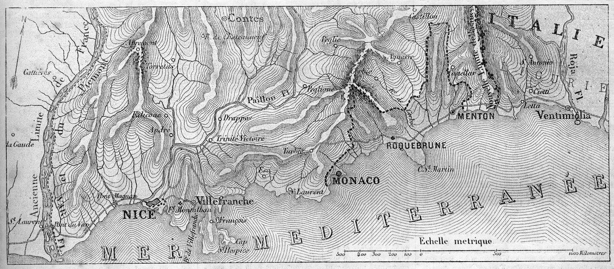 Carte géographique de la Principauté de Monaco, en 1861, avant que la ville de Roquebrune et Menton ne rejoignent la France. Gravure dans Le Monde Illustré n°202 du 23 février 1861 - French School