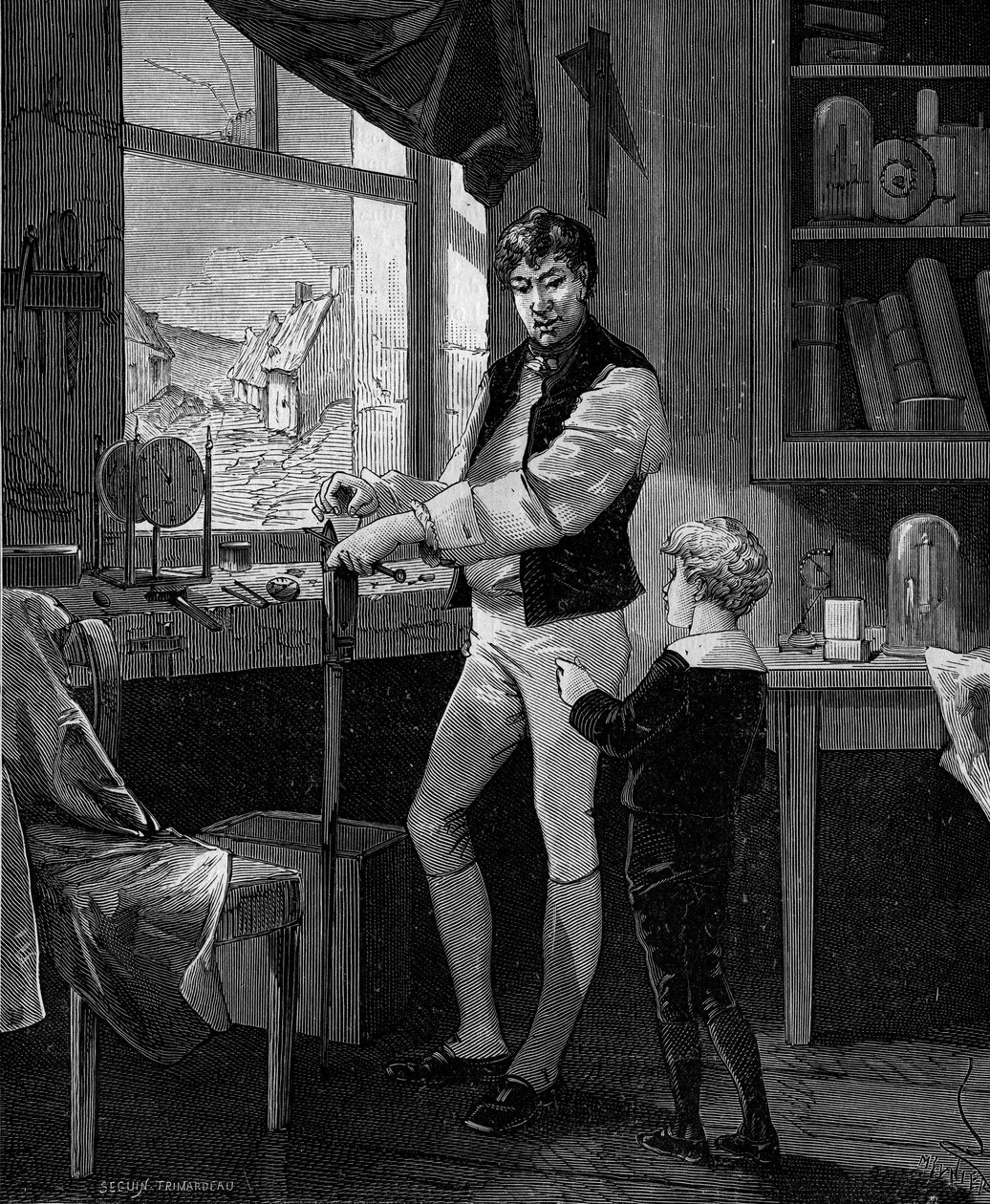 George Stephenson, ingénieur britannique (1781-1848) avec son fils - French School