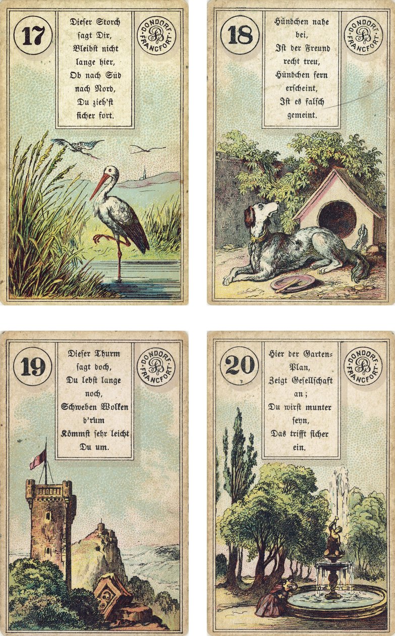 Édition allemande du jeu de cartomancie français Lenormand : La Cigogne, Le Chien, La Tour, Le Jardin, publié par Dondorf, Francfort, XIXe siècle - French School