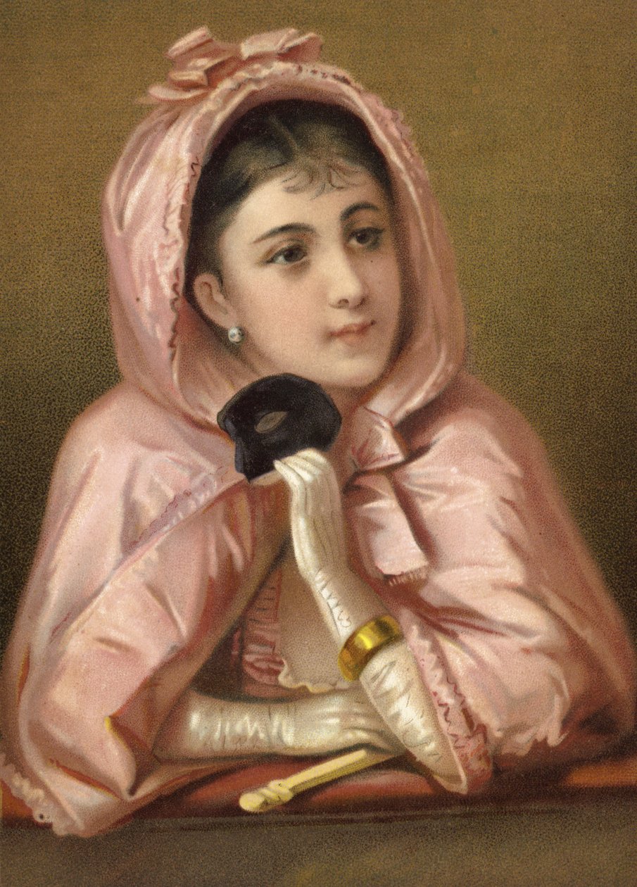 Fille tenant un masque (chromolitho) - French School