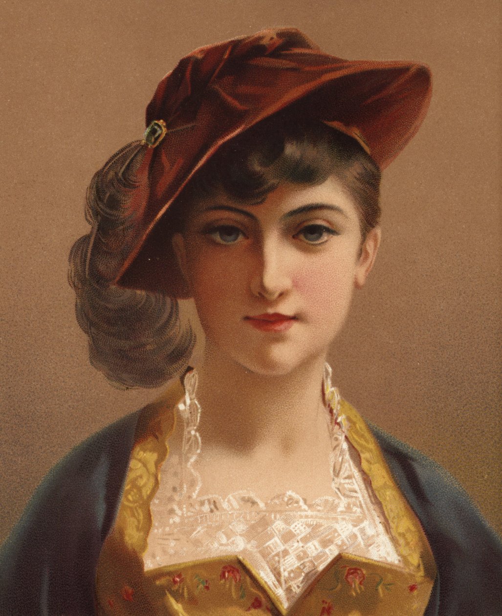 Fille au bonnet de velours rouge (chromolitho) - French School