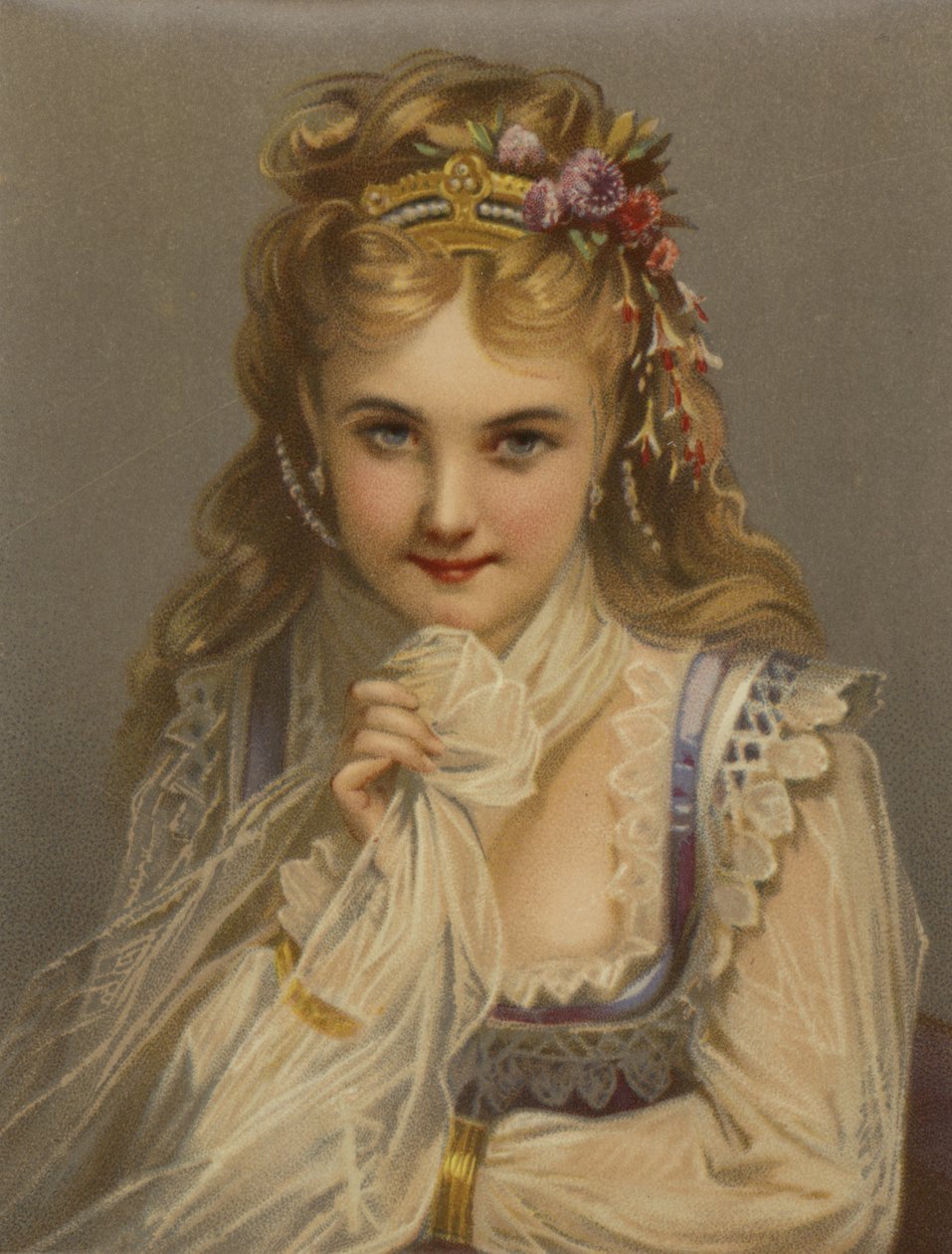 Fille aux cheveux blonds, aux bijoux, aux fleurs et au sourire timide (chromolitho) - French School