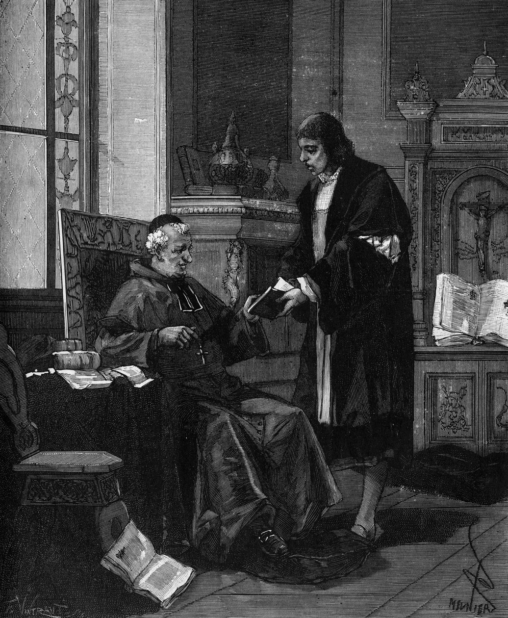 Girolamo Fracastoro connu sous le nom de Fracastor, humaniste et médecin italien présentant son poème au cardinal Bembo - French School