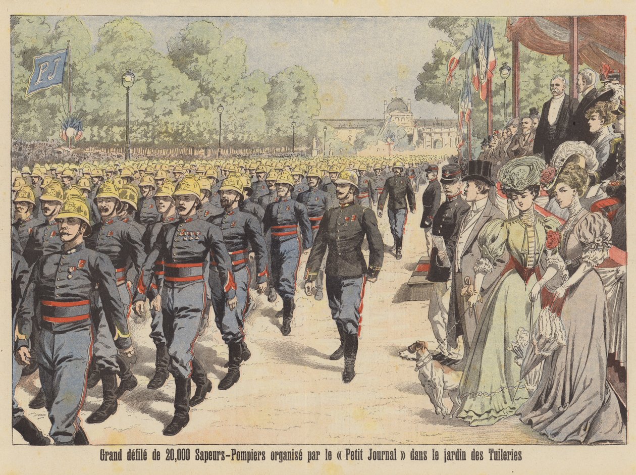 Grand défilé de 20 000 pompiers au Jardin des Tuileries à Paris (lithographie couleur) - French School