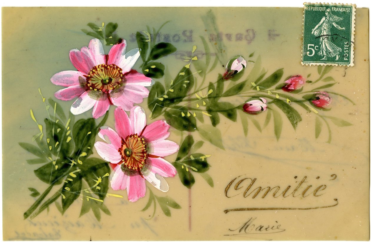 Salutations avec plante florale. Carte postale début du XXe siècle. - French School