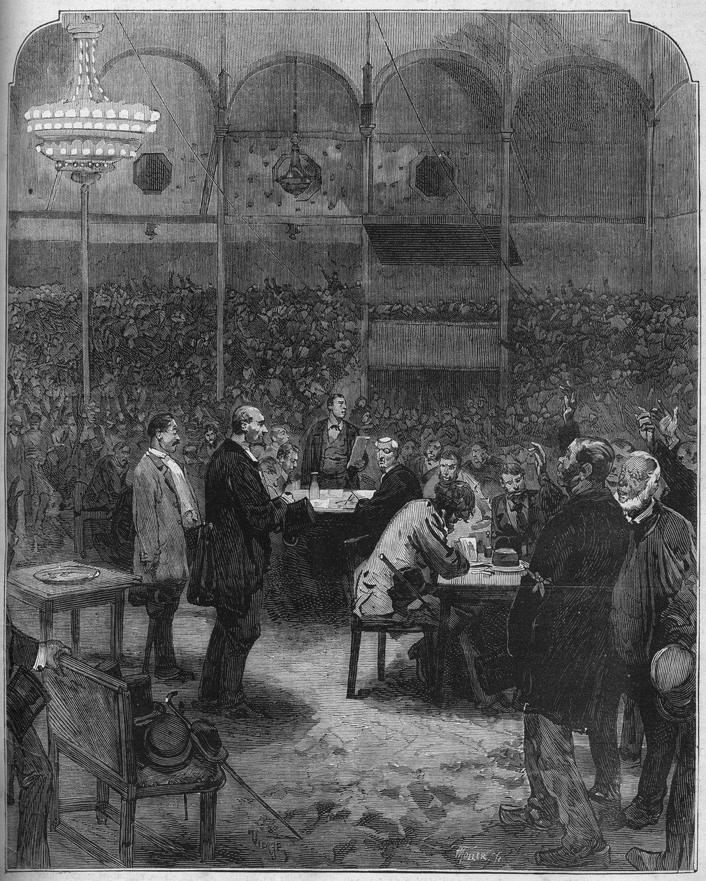 Grève des cochers de charrettes de Paris en 1878 : élection de délégués à la compagnie des Petites Voitures au cirque Fernando. Gravure dans "Le Monde Illustré" n°1116 du 17 août 1878. - French School