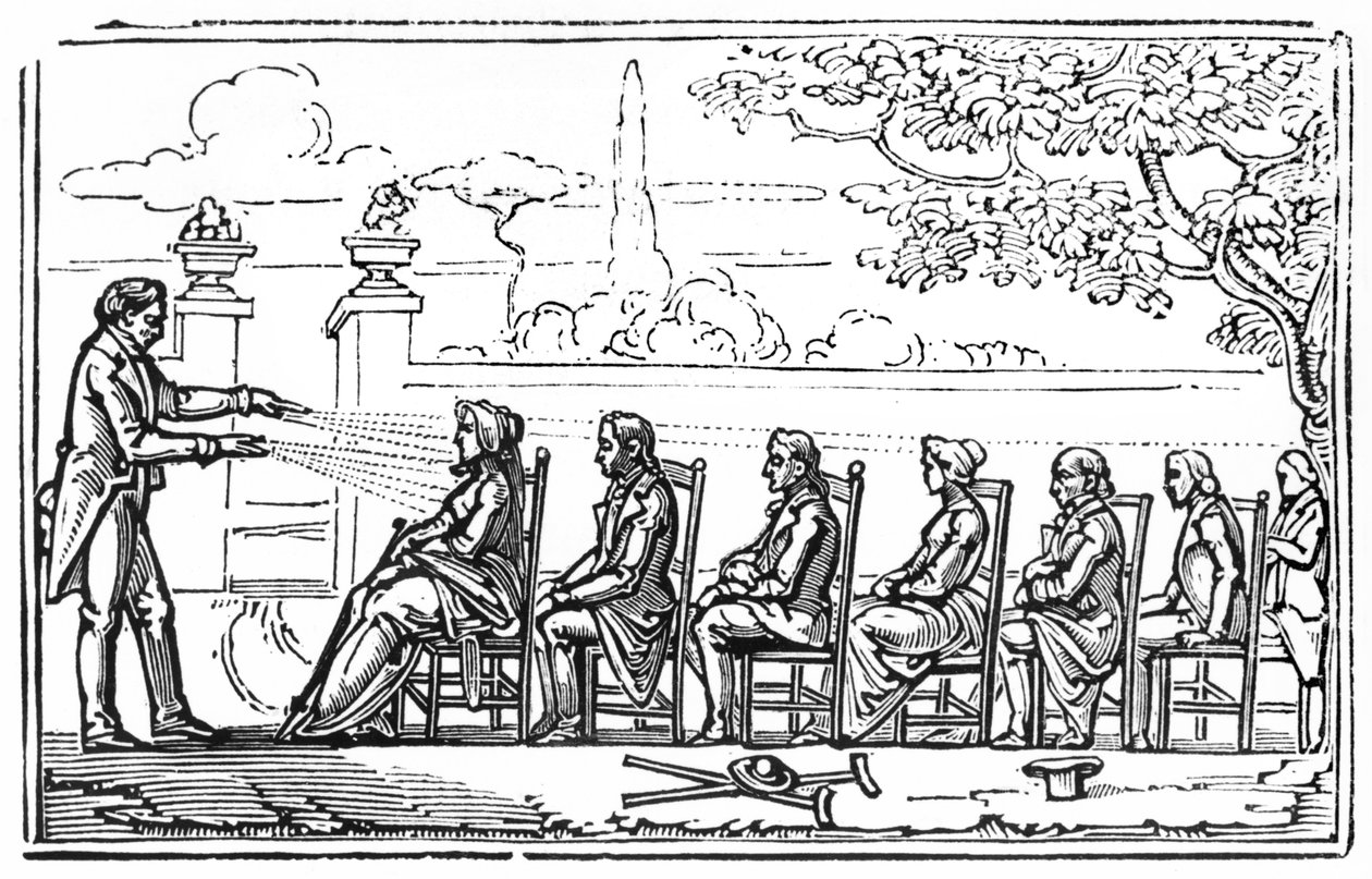 Thérapie magnétique de groupe, illustration de Thérapeutique Magnétique par Baron du Potet, 1863 - French School