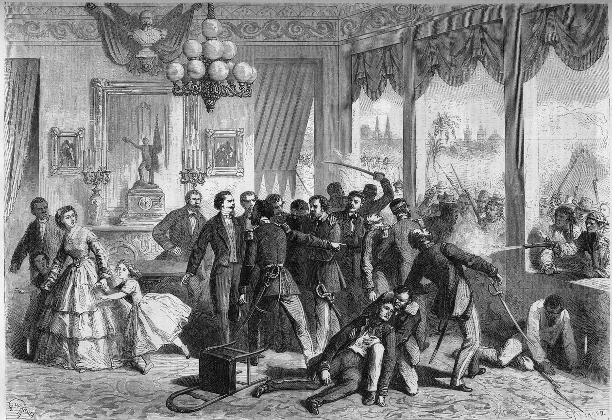 Guerre hispano-sud-américaine - Lima (Pérou) - 5 février 1865 : les Espagnols blessés et poursuivis par la population de la ville se réfugient à la légation française. Gravure dans "Le Monde Illustré" n°421 du 6 mai 1865 - French School
