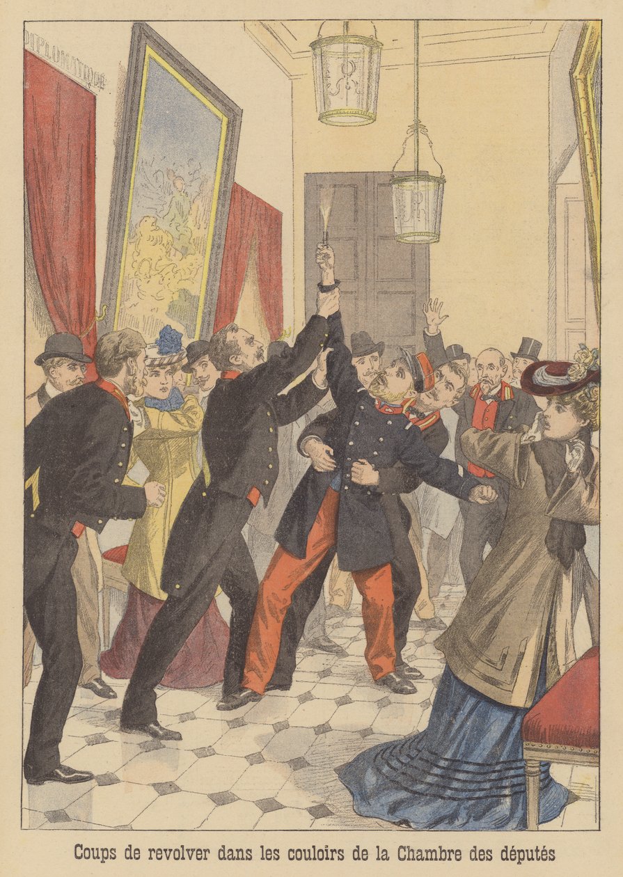 Coups de feu dans les couloirs de la Chambre des députés française (lithographie couleur) - French School