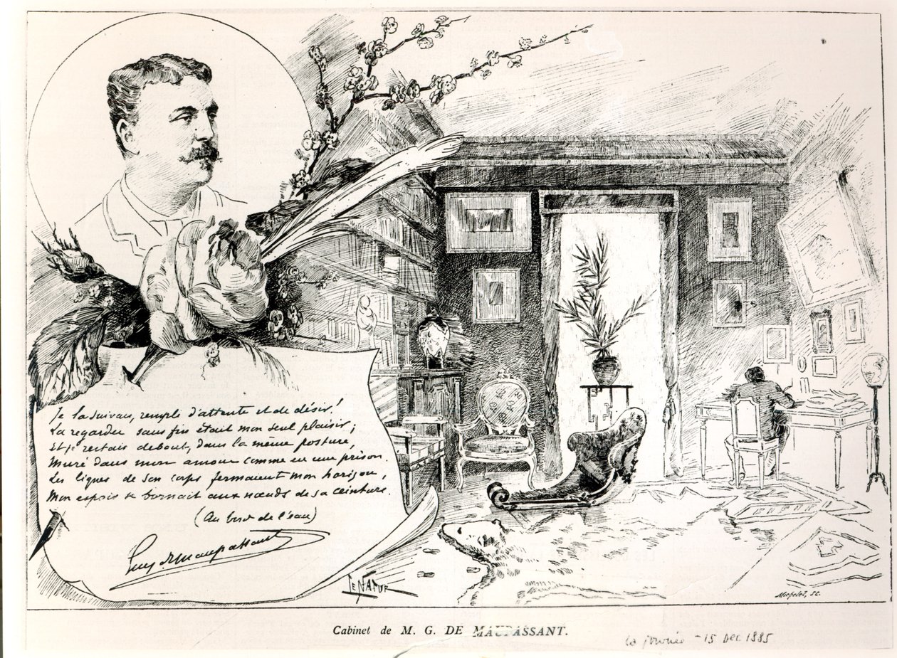 Guy de Maupassant (1850-93) et son bureau - French School