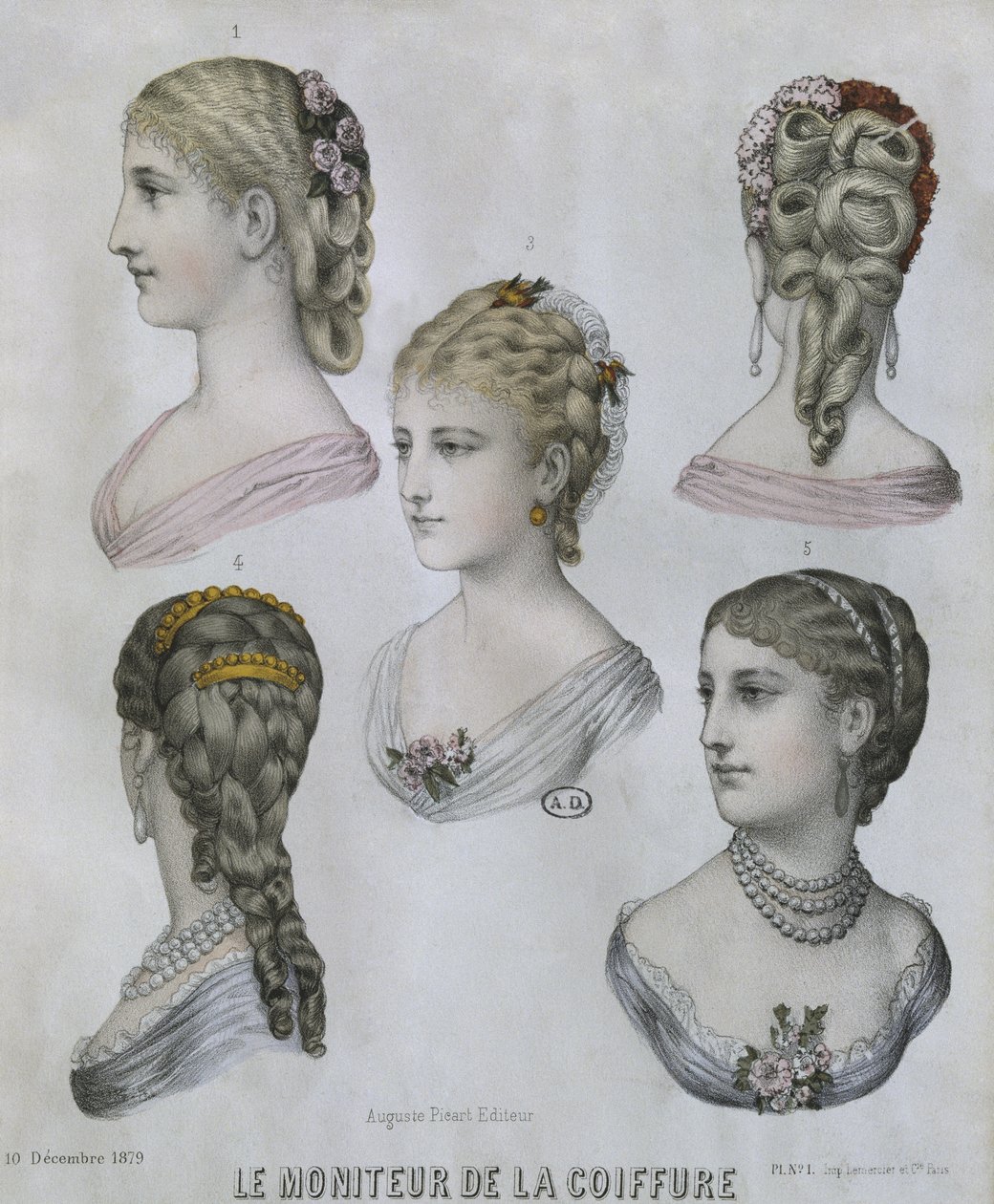 Coiffures, illustration du Moniteur de la Coiffure, 10 décembre 1879 - French School