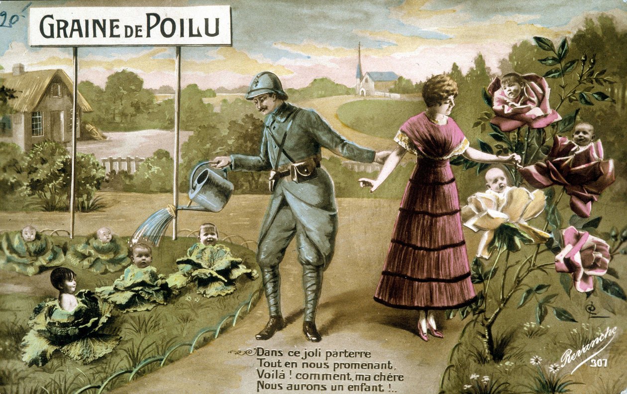 Graine poilue: Dans ce joli sol Pendant que nous marchons, Voilà! comment mon cher nous aurons un enfant - Carte postale sur la naissance, v. 1914 - French School