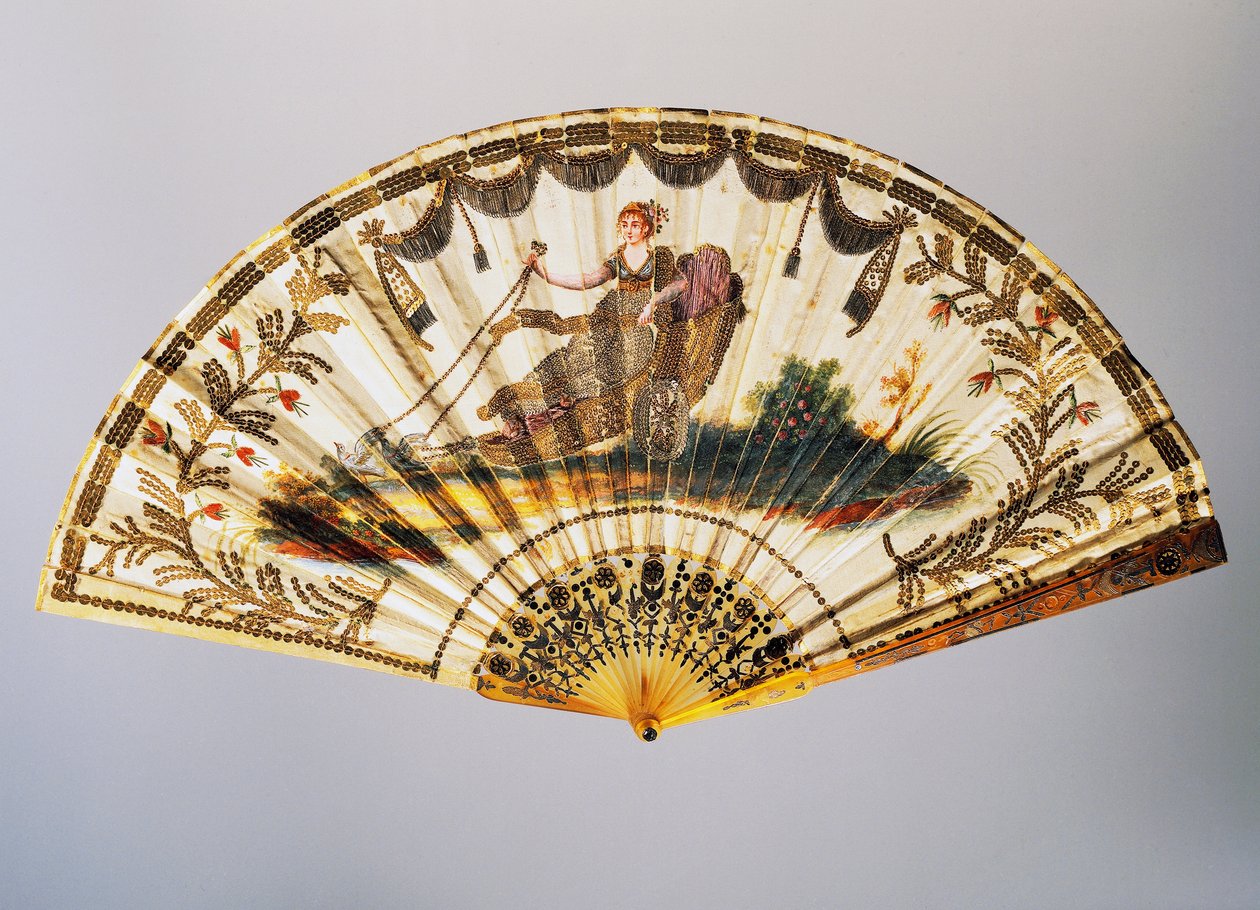 Éventail avec Vénus sur son char, feuille de soie peinte - French School