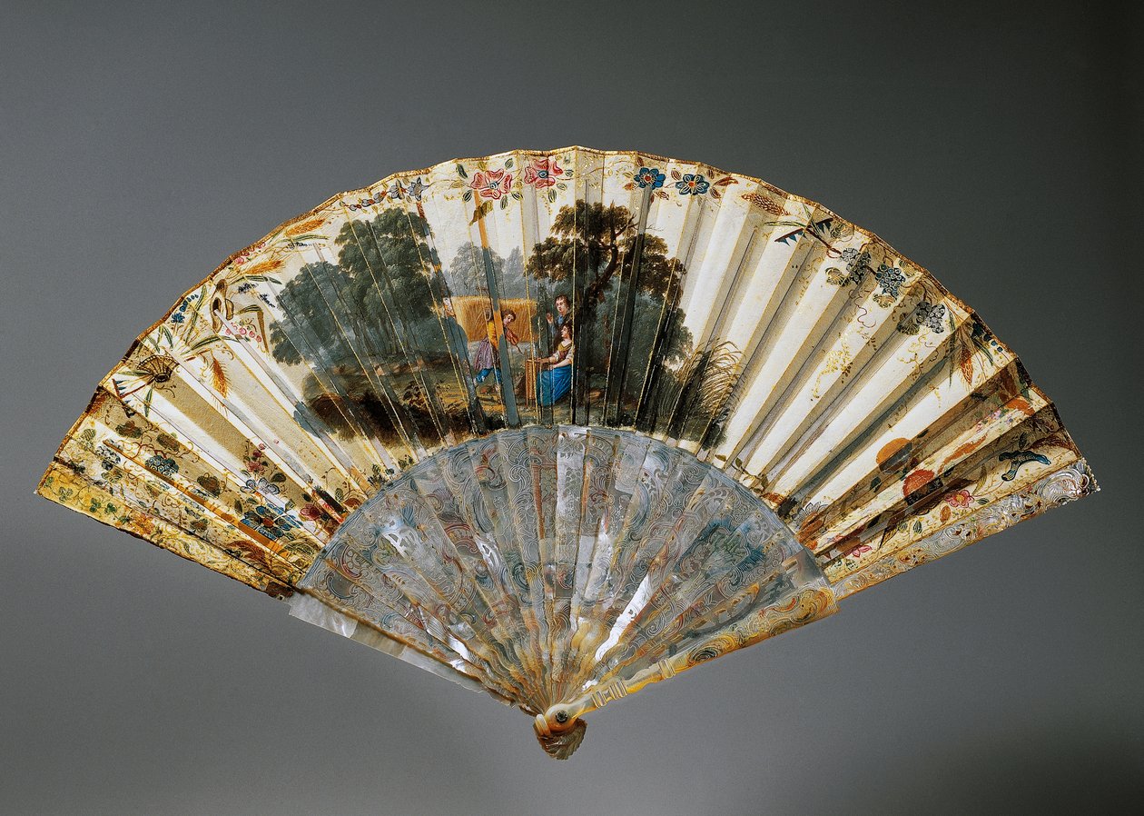 Éventail avec allégories des quatre saisons, feuille de peau de chèvre et côtes en nacre - French School