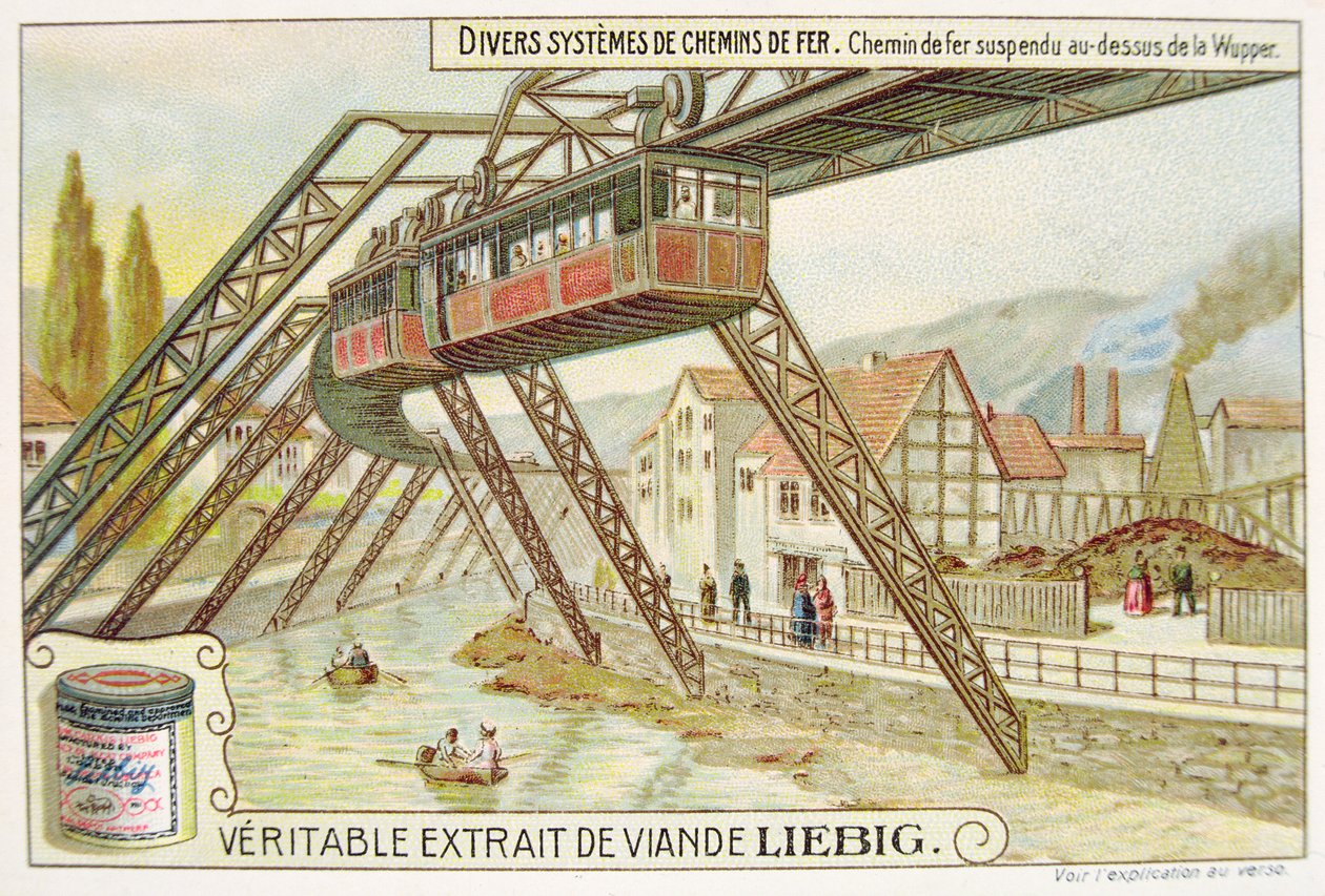 Train suspendu sur la rivière Wupper, carte publicitaire pour Véritable Extrait de Viande Liebig - French School
