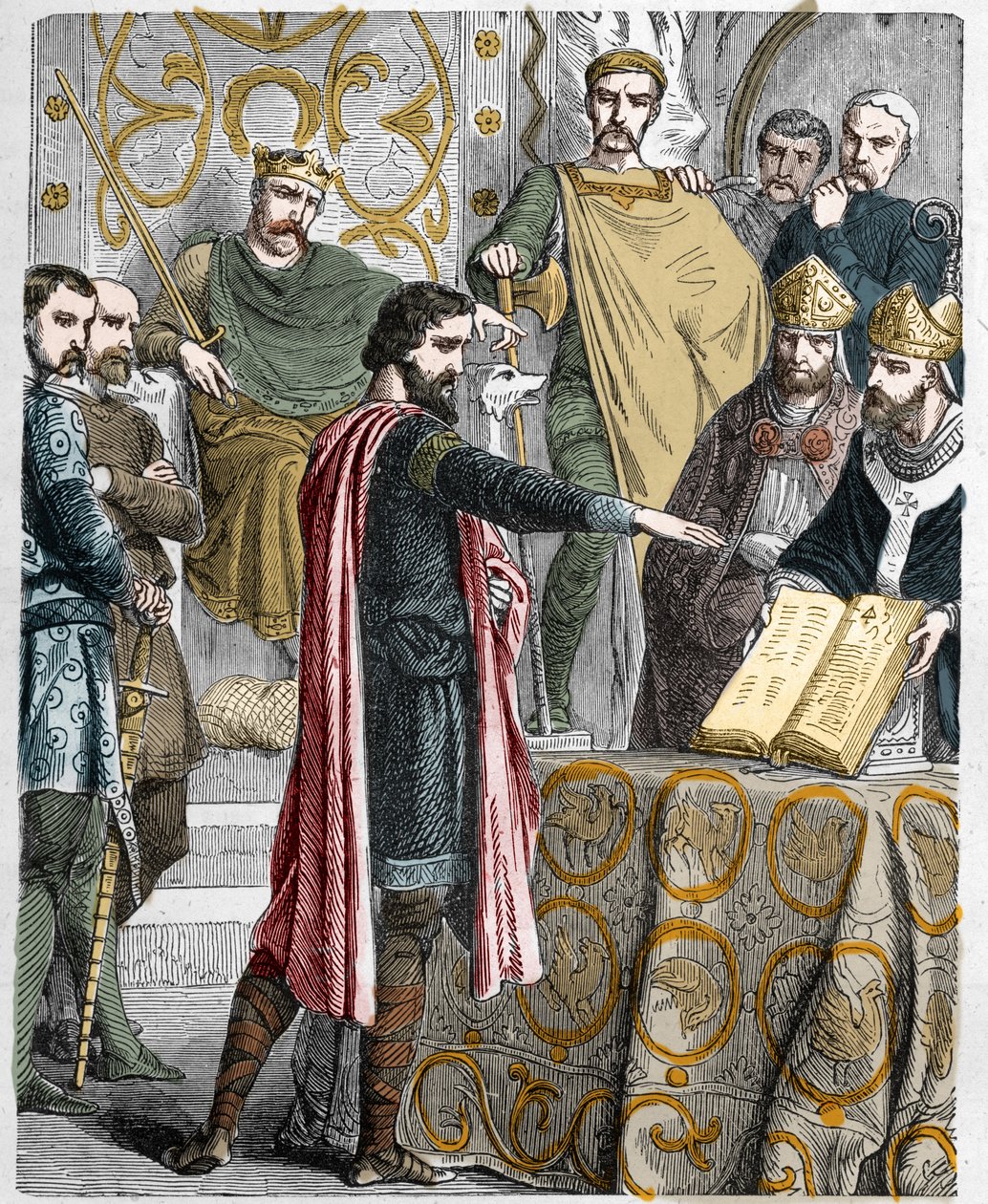 Harold II (1020-1066) dernier roi anglo-saxon couronné en 1064, jurant sur les reliques sacrées devant Guillaume Ier le Conquérant de soutenir sa cause pour le trône d