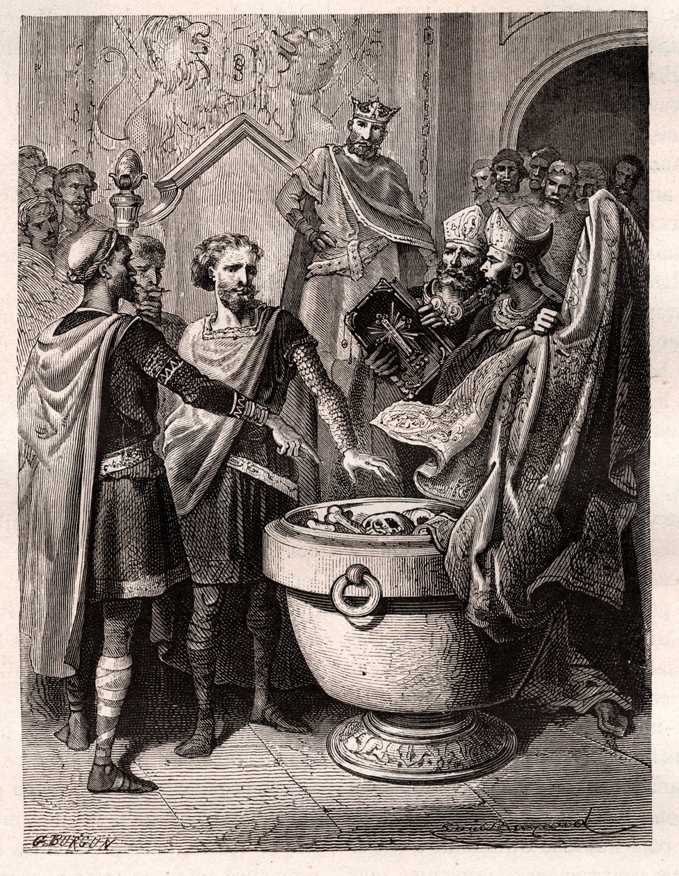 Harold II (1020-1066) dernier roi anglo-saxon couronné en 1064, prêtant serment sur des reliques sacrées devant Guillaume Ier le Conquérant pour soutenir sa cause au trône d