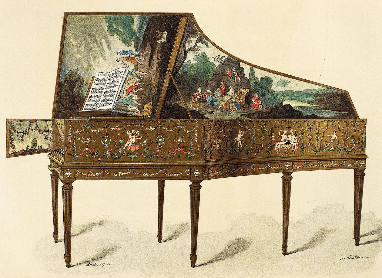 Clavecin décoré de grotesques, illustration du Dictionnaire du mobilier et de la décoration, par Henry Havard, Volume I - French School