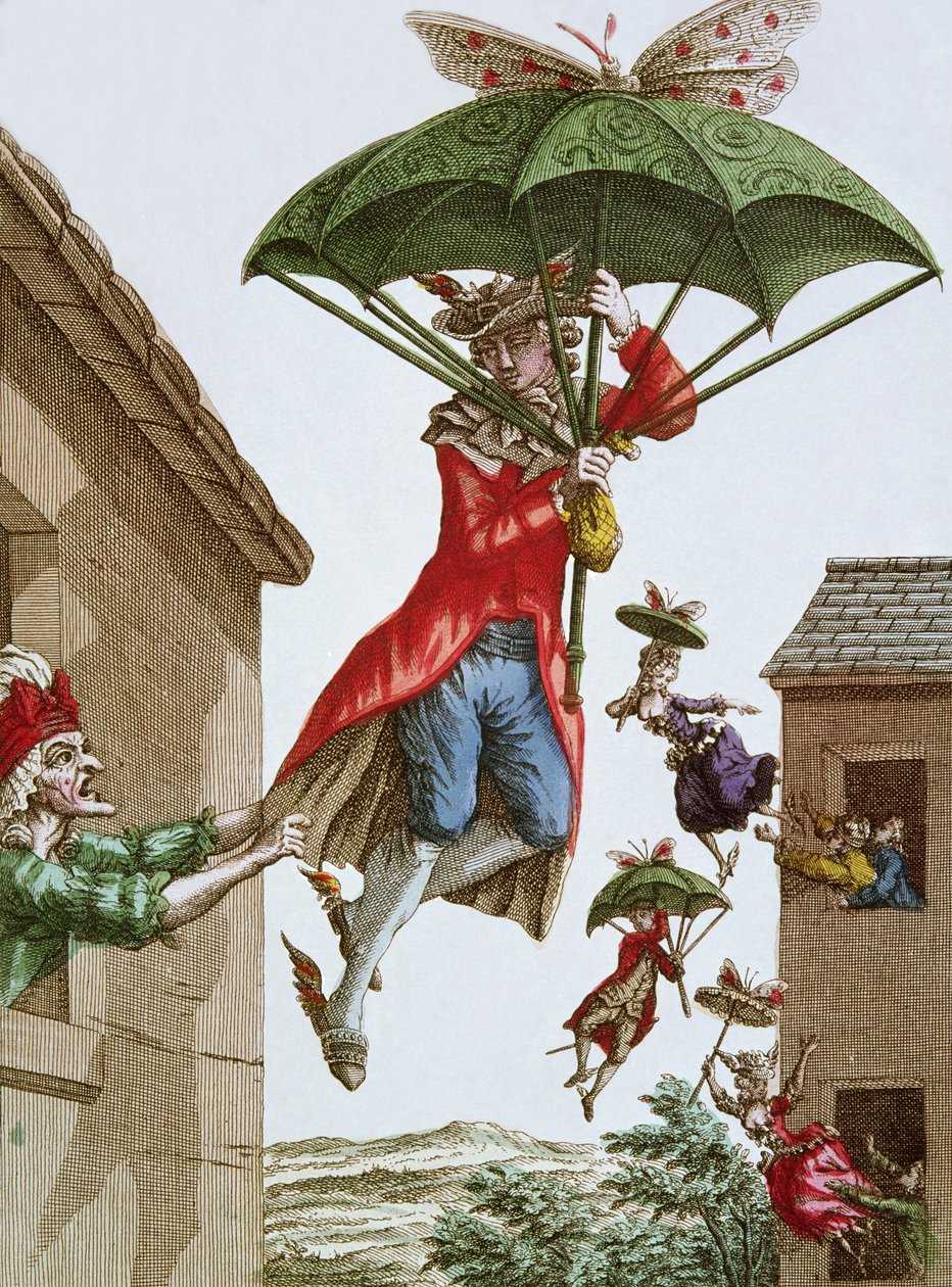 Portés par des parapluies et des papillons, des hommes et des femmes s