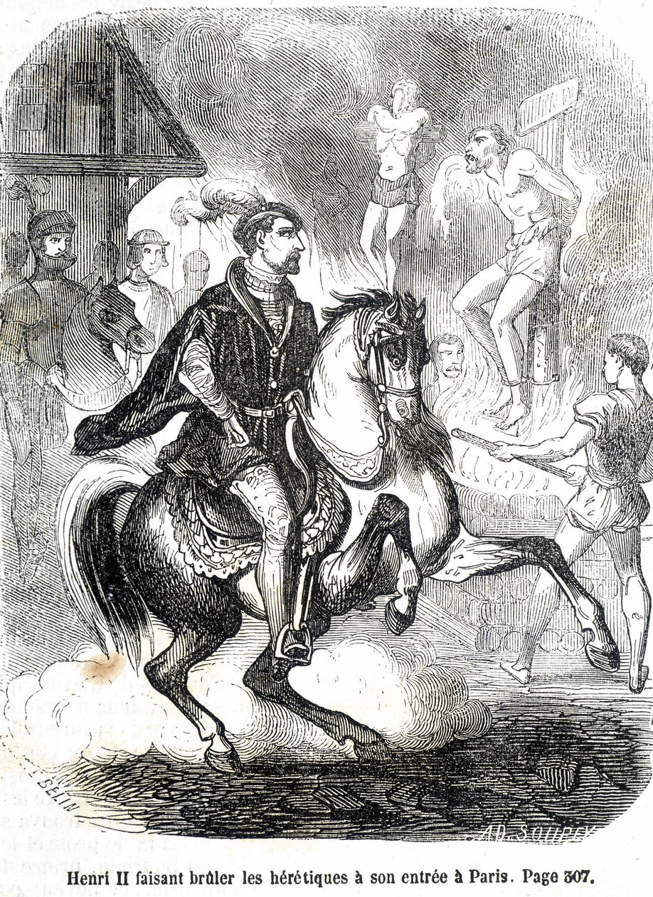 Henri II (1519 - 1559) faisant brûler les hérétiques à son entrée à Paris - dans « Histoire de France » par L.-P. Anquetil - French School